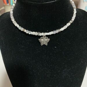 Handmade butterfly choker, neutral colors, beaded memory wire necklace, Y2K